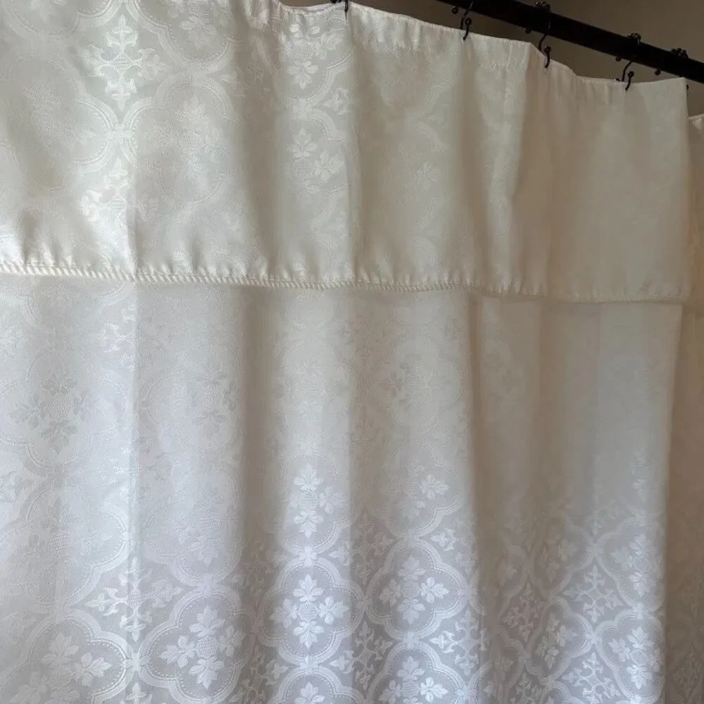 White Tone on Tone Shower Curtain with Built-In Valance Jacquard Damask Pattern